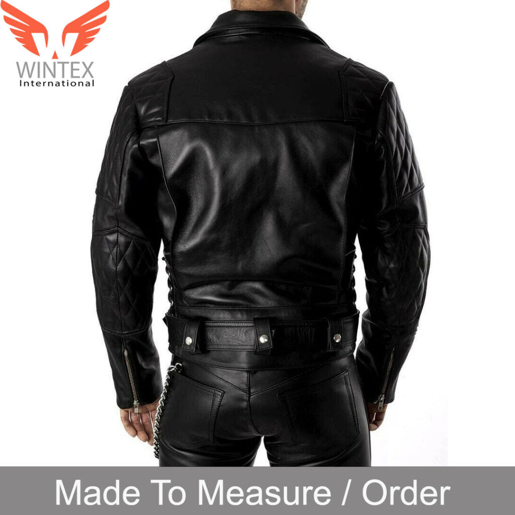 Men’s Real Cowhide Leather Bikers Jacket Quilted Panels & Side Laces Bikers/BLUF Jacket