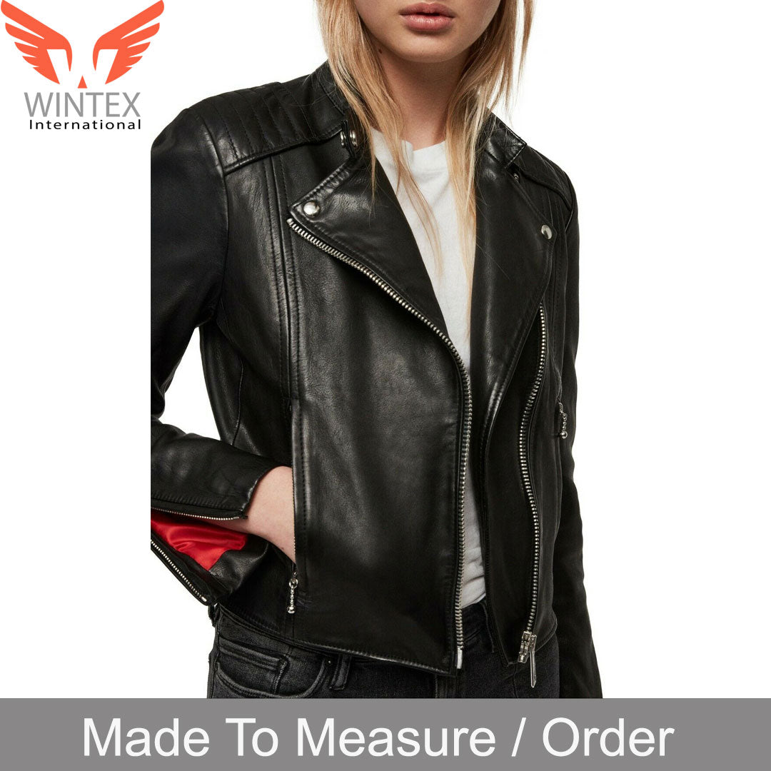 Women’s Real Lamb Leather Bikers Quilted Panels Bikers Leather Jacket