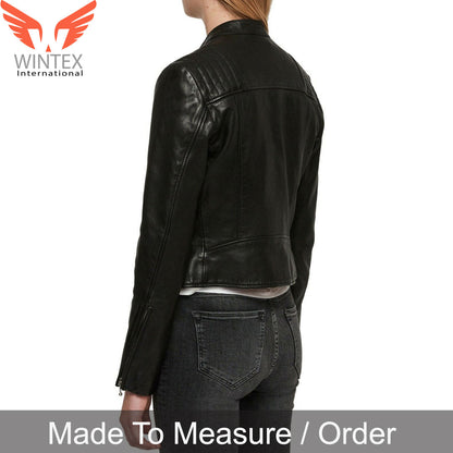Women’s Real Lamb Leather Bikers Quilted Panels Bikers Leather Jacket
