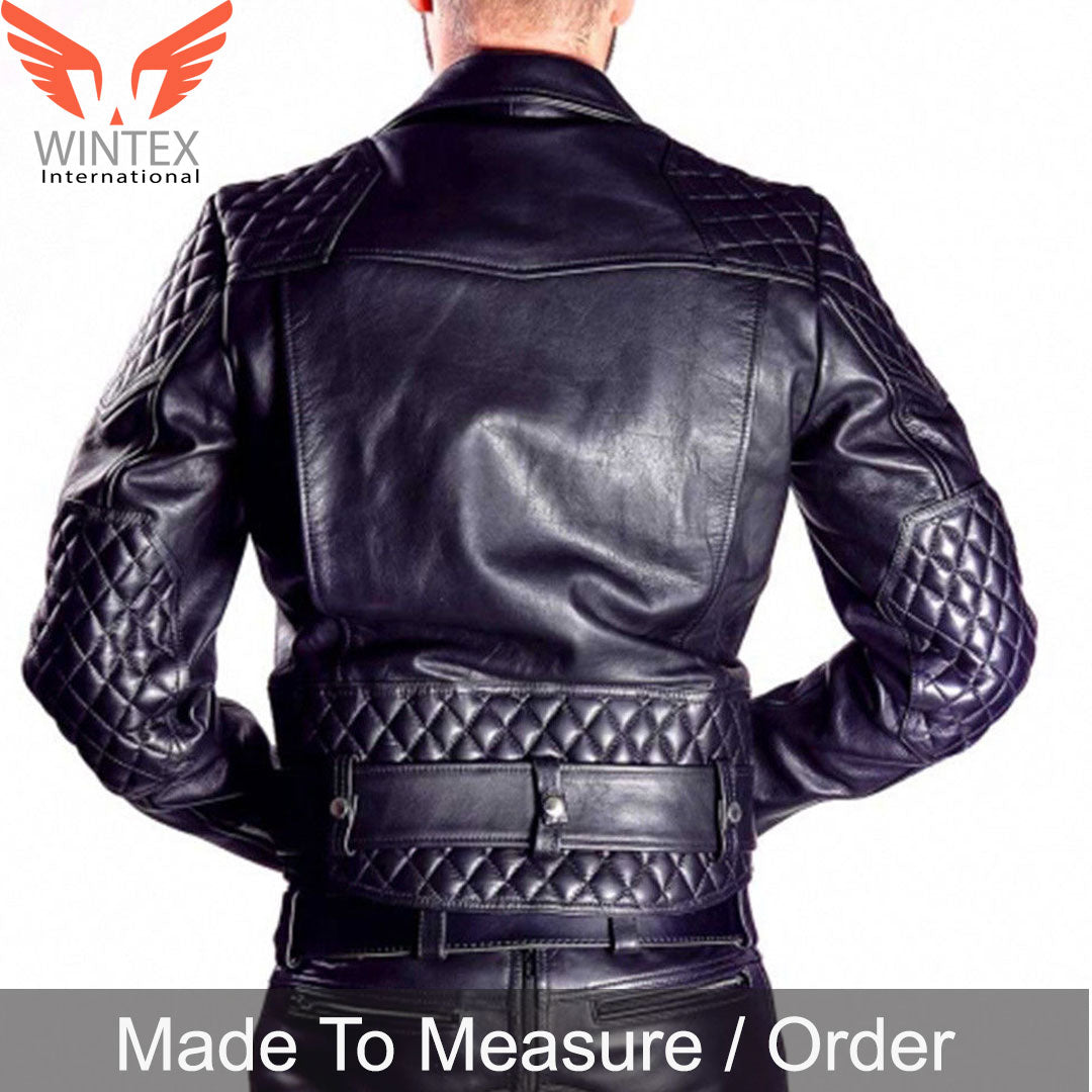 Men’s Cowhide Natural Grain Leather Motor Bike Jacket – Quilted Panels Bikers Jacket