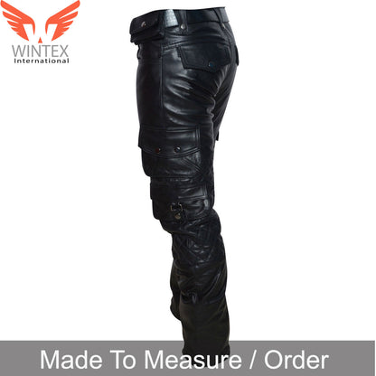 Men’s Real Leather Bikers Pants With Quilted Panels And Cargo Pockets Trousers