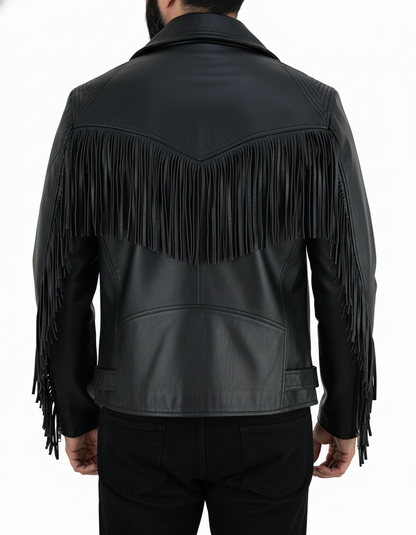 Men's Real Cowhide Leather Bikers Jacket Fringes At Sleeves & Back With Quilted Panels