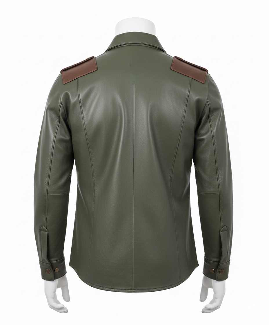 Men's Real Leather Full Sleeves Shirt Green With Brown Accent Leather Shirt
