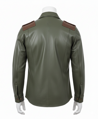 Men's Real Leather Full Sleeves Shirt Green With Brown Accent Leather Shirt