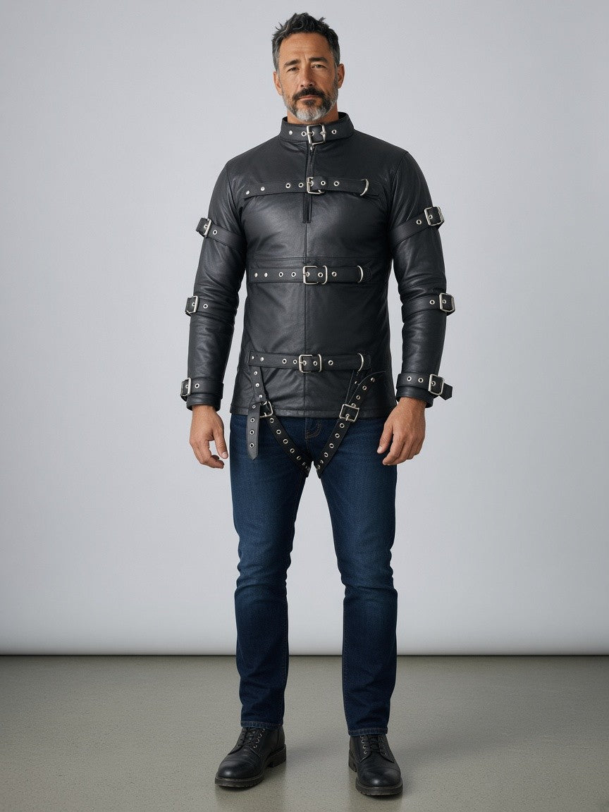 Men's Black Leather Restraint Jacket
