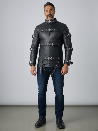 Men's Black Leather Restraint Jacket