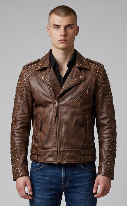Men's Vintage Studded Cowhide Leather Biker Jacket