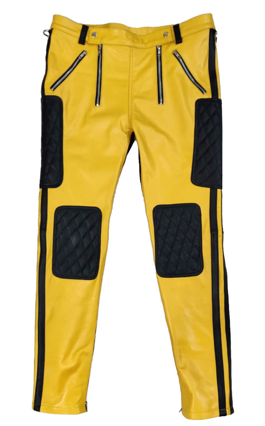 Men's Real Leather Quilted Yellow & Black Panels Carpenter Pants