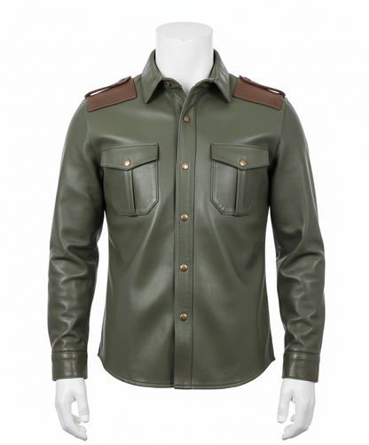 Men's Real Leather Full Sleeves Shirt Green With Brown Accent Leather Shirt