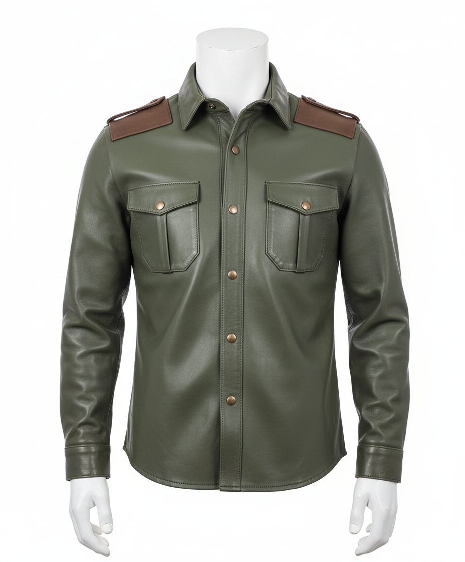 Men's Real Leather Full Sleeves Shirt Green With Brown Accent Leather Shirt