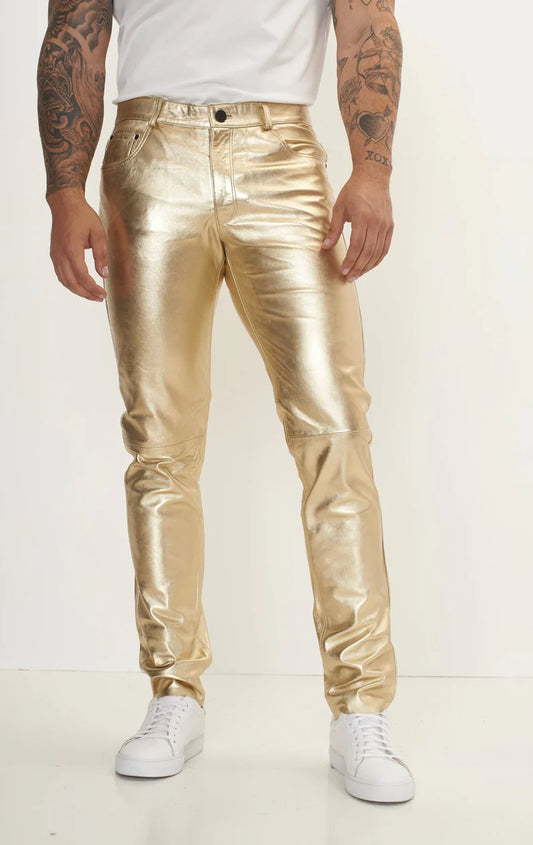 Men's Real Lamb Leather Gold & Silver Color 5 Pockets Pants Lamb Leather Bikers Pants