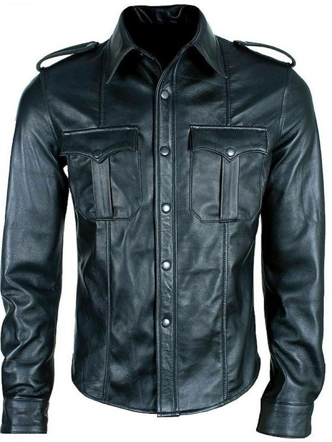 Mens Real Lamb Leather Police Style Long Sleeve Shirt