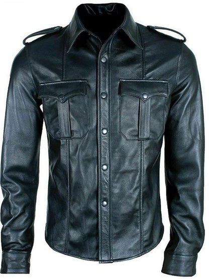 Mens Real Lamb Leather Police Style Long Sleeve Shirt