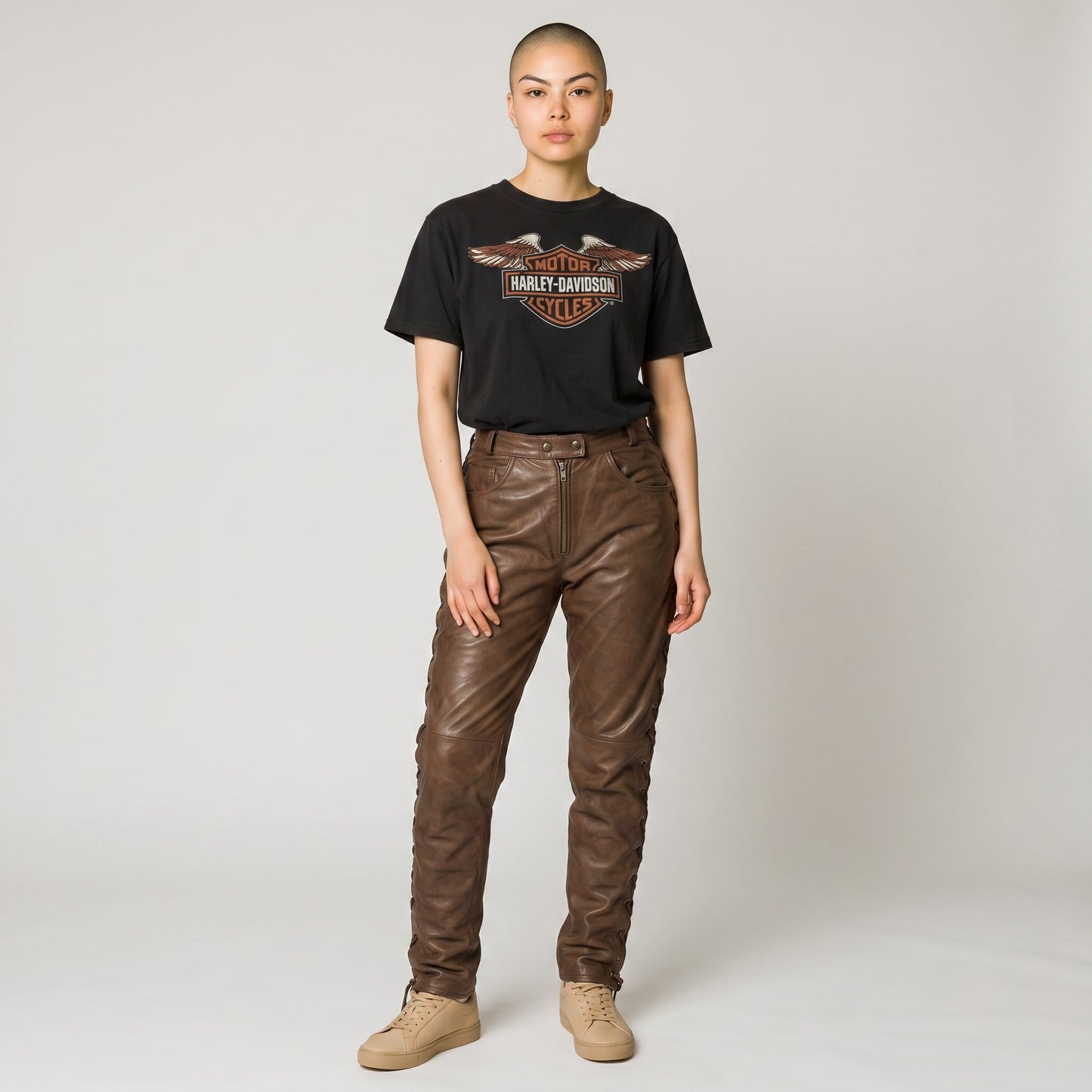 Women Real Vintage Leather Laces Up Pants Sexy Slim Fit Leather Pants