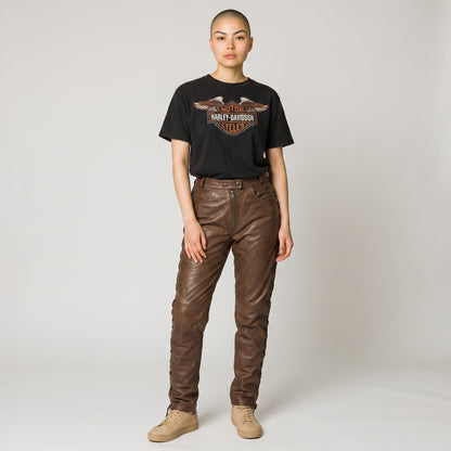 Women Real Vintage Leather Laces Up Pants Sexy Slim Fit Leather Pants