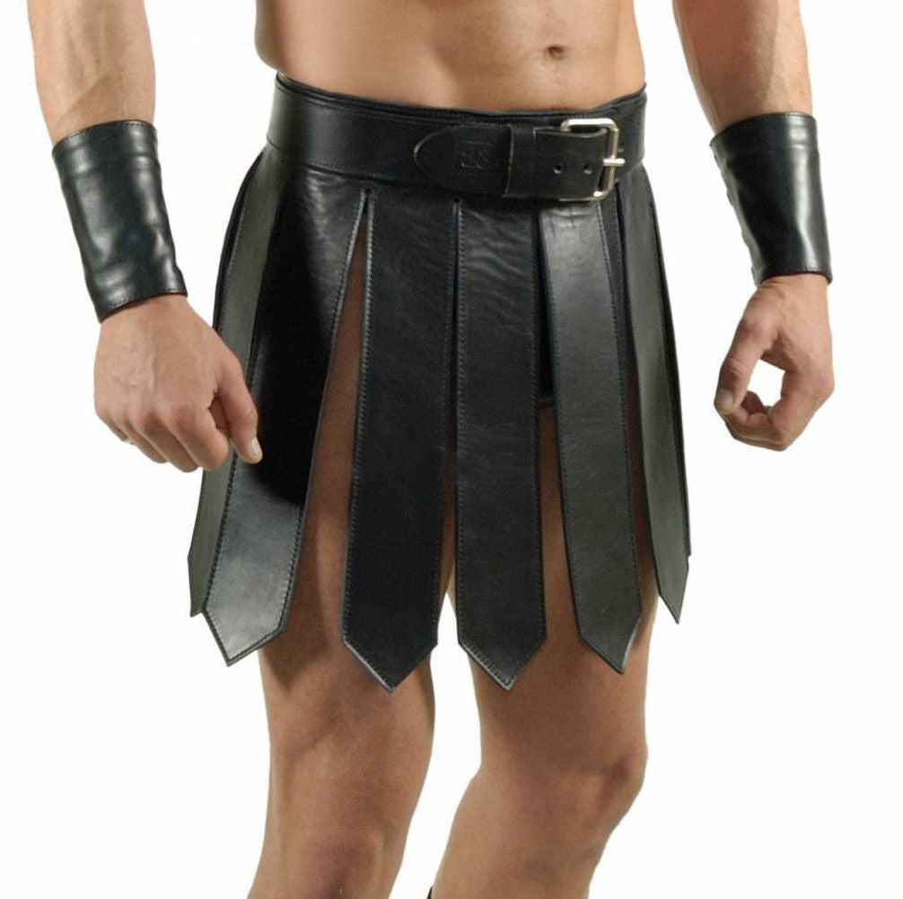 Men’s Genuine Leather Gladiator Kilt Leather Kilt Club wear Outfit WITH WRIST BANDS