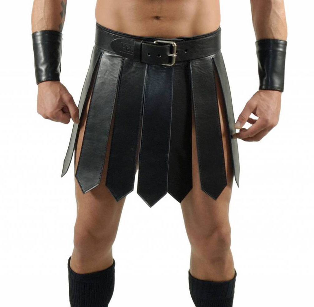 Men’s Genuine Leather Gladiator Kilt Leather Kilt Club wear Outfit WITH WRIST BANDS