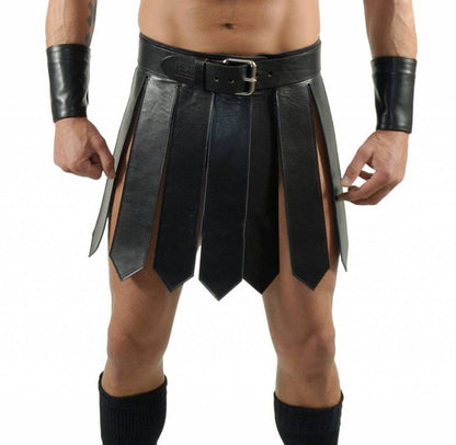 Men’s Genuine Leather Gladiator Kilt Leather Kilt Club wear Outfit WITH WRIST BANDS