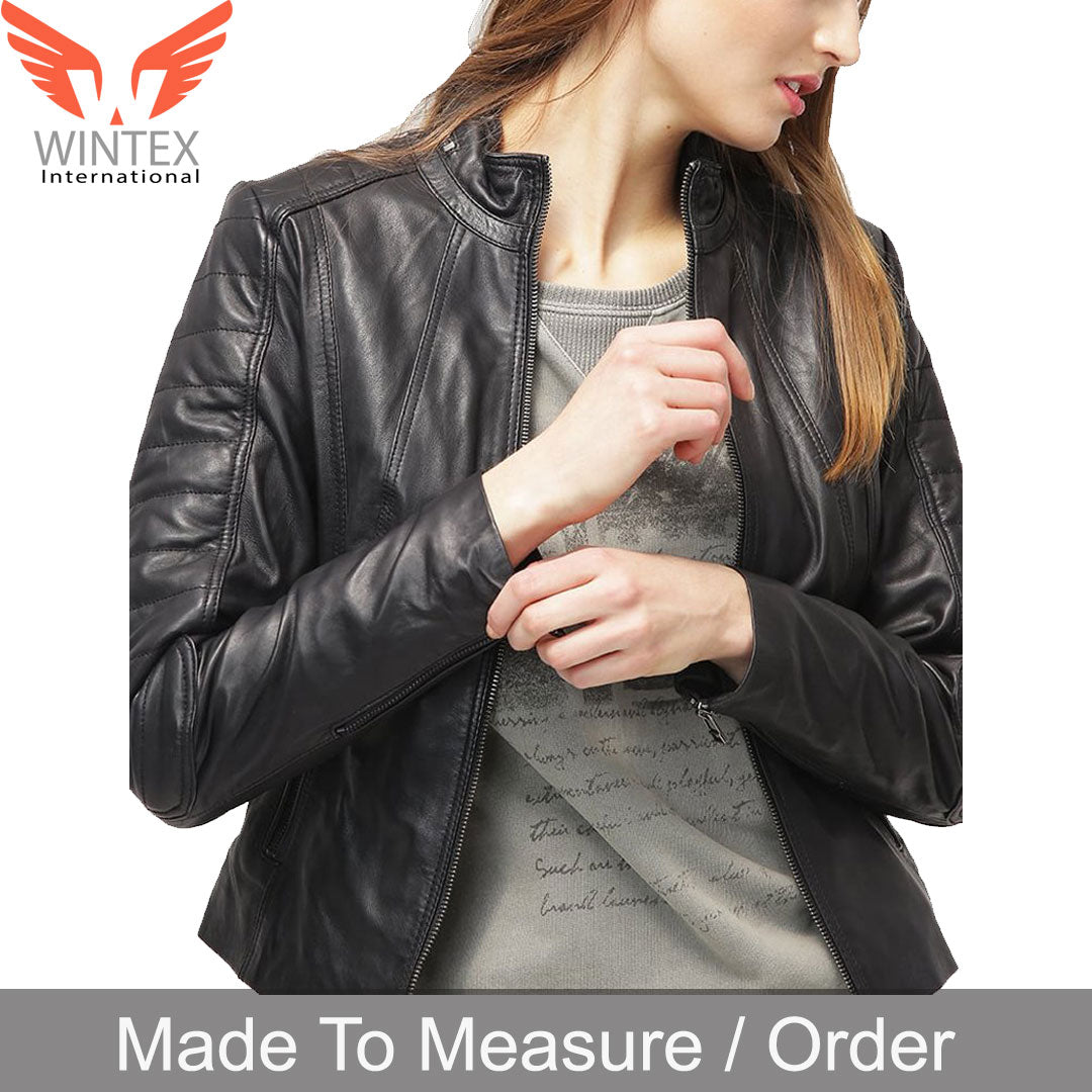 Women’s Genuine Lamb Leather Jacket – Quilted Panels Biker’s Jacket