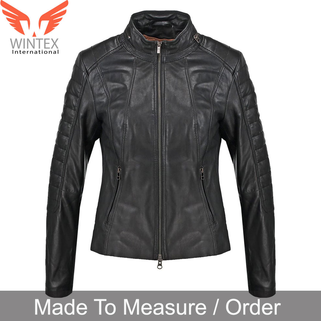 Women’s Genuine Lamb Leather Jacket – Quilted Panels Biker’s Jacket