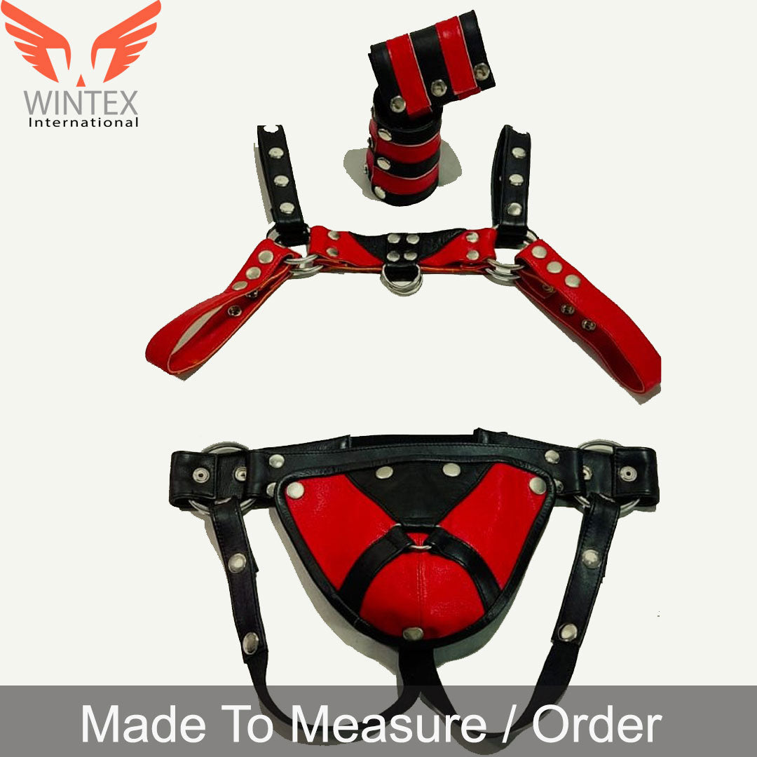 Men’s Leather Chest Harness Jockstrap Wristbands Set Multi Adjustment Fitting in Red & Black