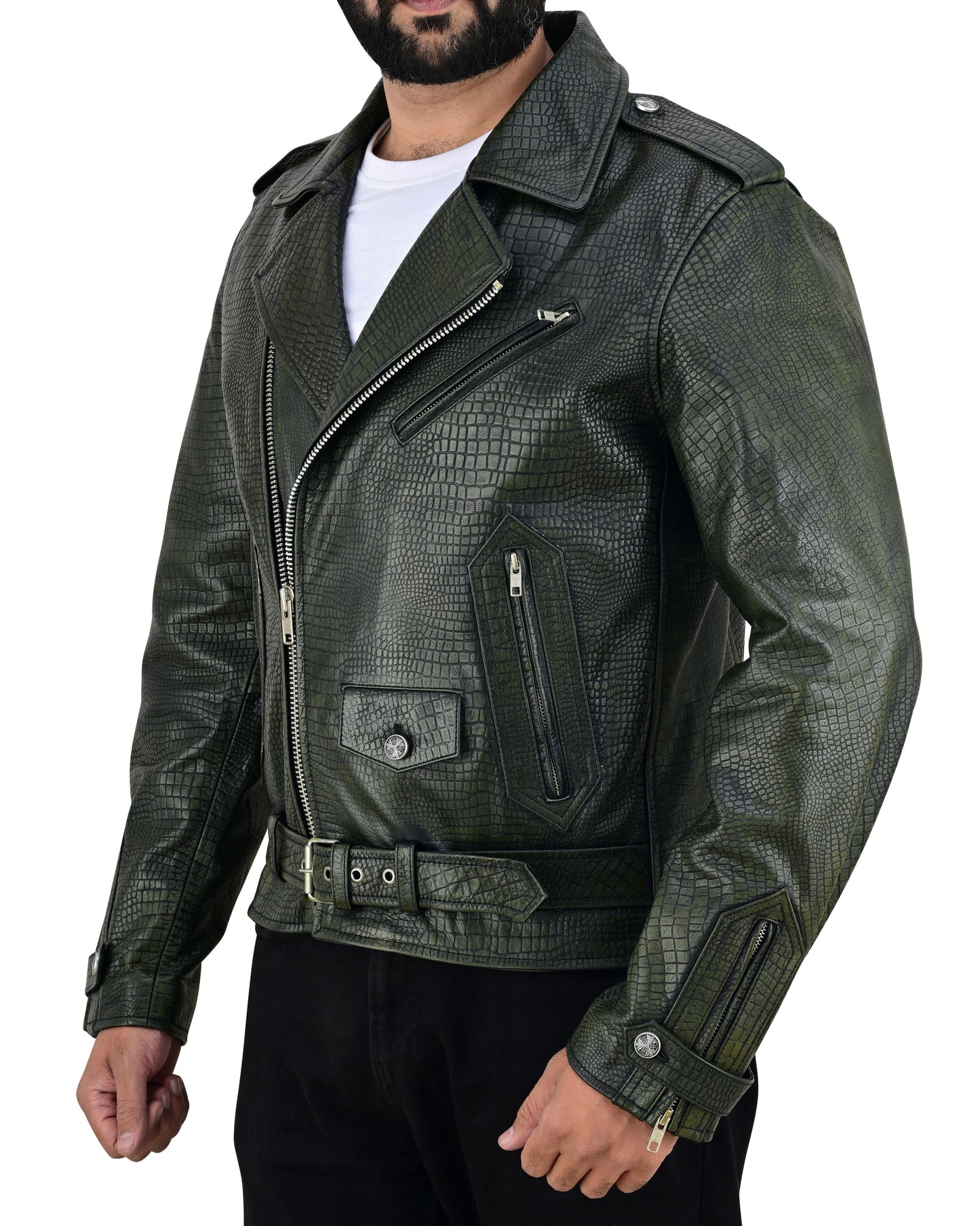 Men's Real Vintage Cowhide Crocodile Print Leather Bikers Jacket