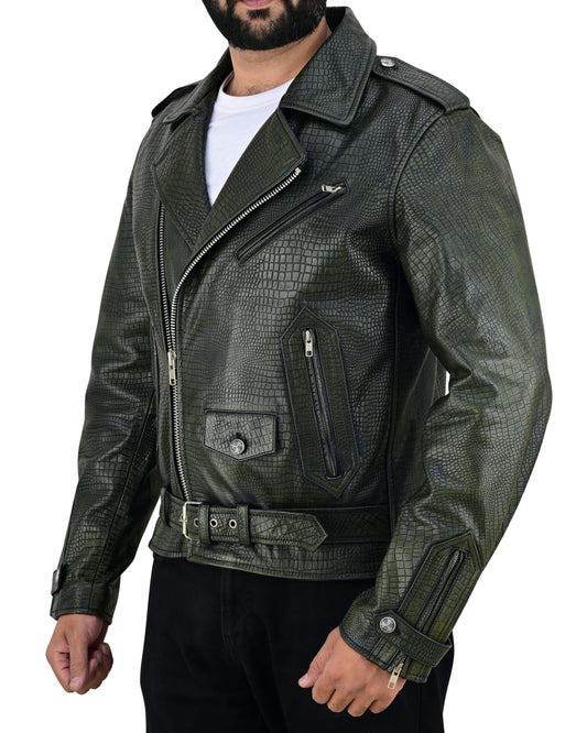 Men's Real Vintage Cowhide Crocodile Print Leather Bikers Jacket