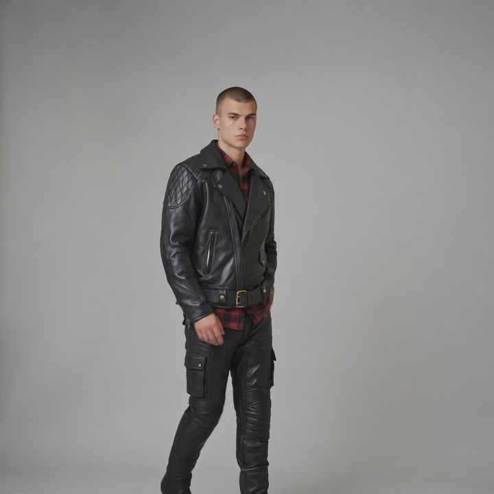 Men’s Genuine Cowhide Motor Bikers Jacket Quilted Panels Jacket – Brando Style Leather Jacket
