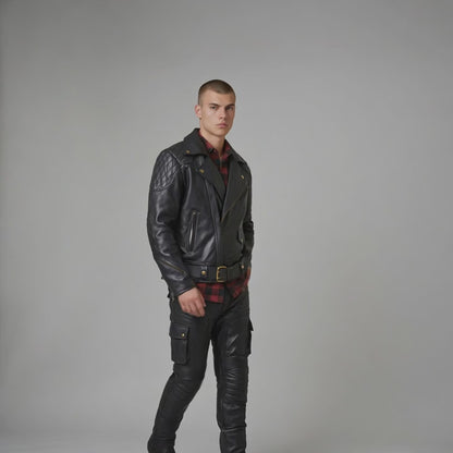 Men’s Genuine Cowhide Motor Bikers Jacket Quilted Panels Jacket – Brando Style Leather Jacket