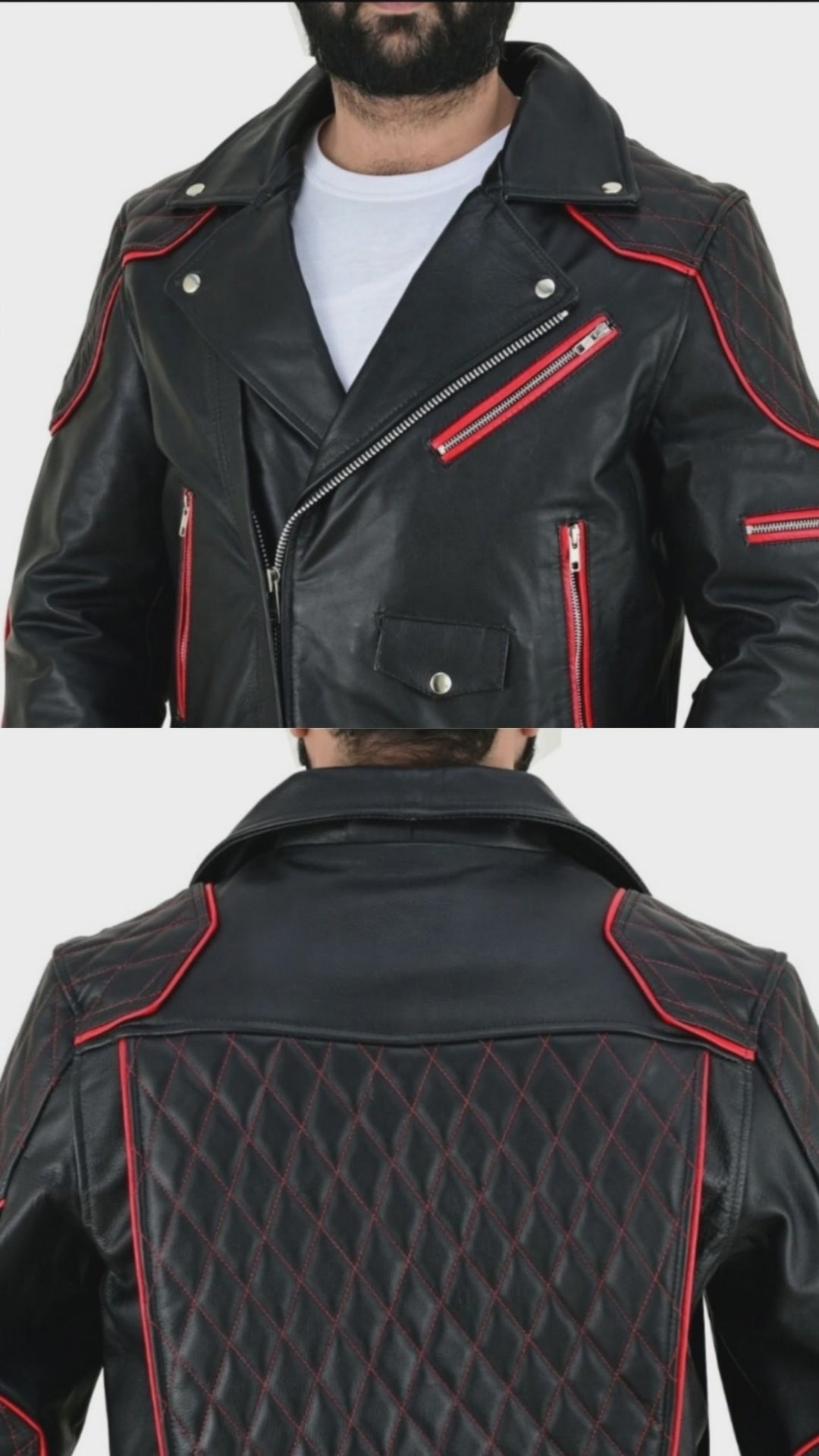 Men's Real Cow Leather Bikers Jacket Quilted Sleeve & Back Panels With Red Leather Accent