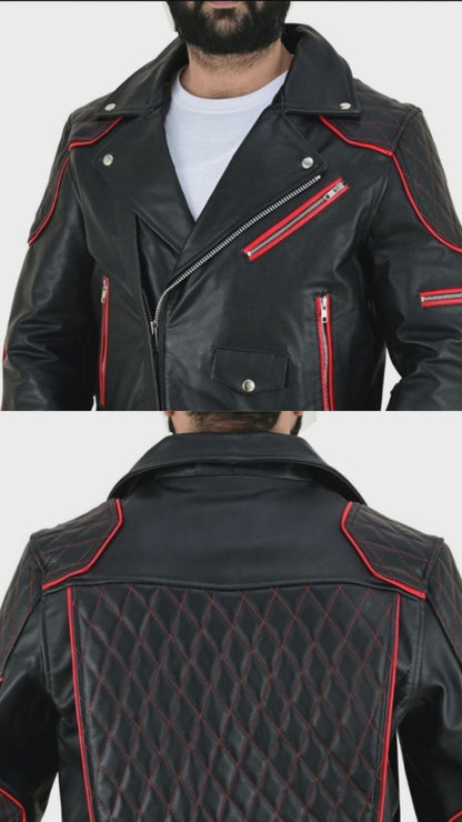 Men's Real Cow Leather Bikers Jacket Quilted Sleeve & Back Panels With Red Leather Accent