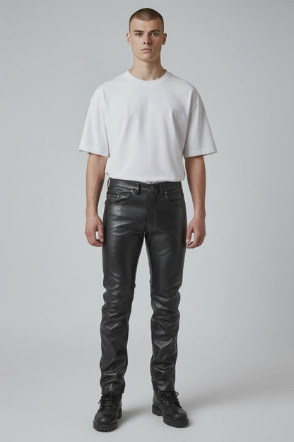 Men's Real Leather Bikers Pants 5 Pockets Pants 501 Levi's Style Leather Jeans Pants