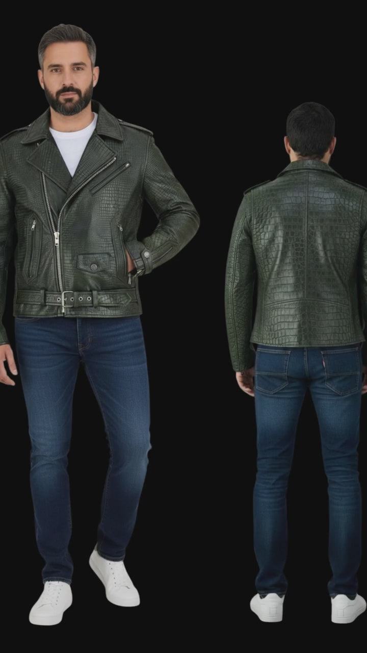Men's Real Vintage Cowhide Crocodile Print Leather Bikers Jacket