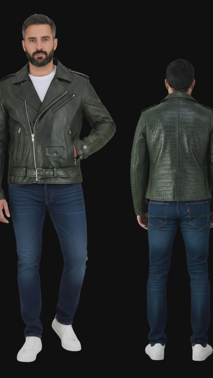 Men's Real Vintage Cowhide Crocodile Print Leather Bikers Jacket