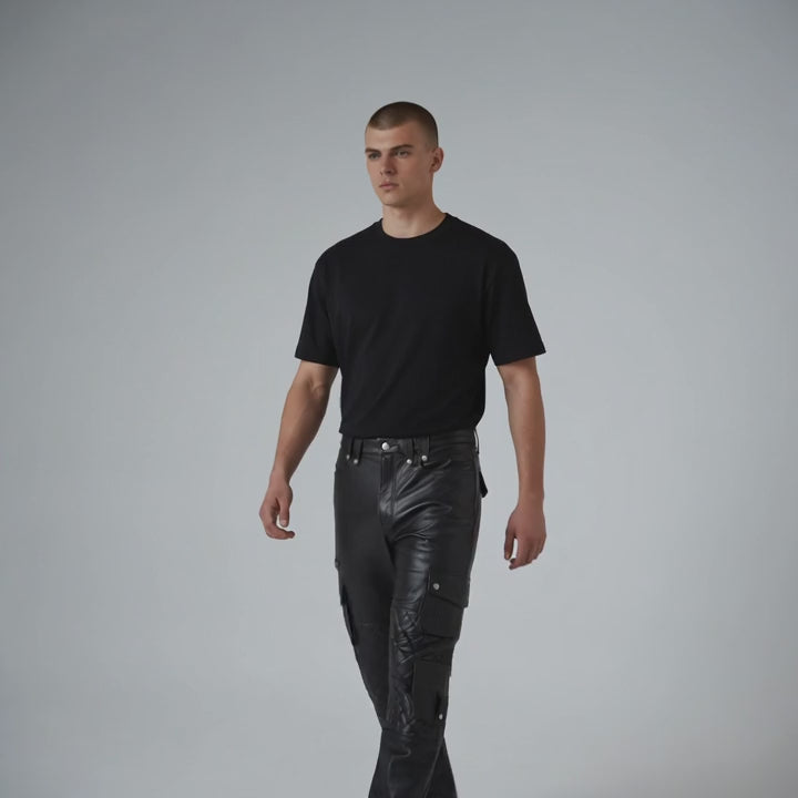 Men’s Real Leather Bikers Pants With Quilted Panels And Cargo Pockets Trousers