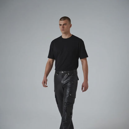 Men’s Real Leather Bikers Pants With Quilted Panels And Cargo Pockets Trousers