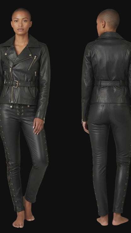 Women Real Lamb Leather Side Laces Up Slim Fit Pants