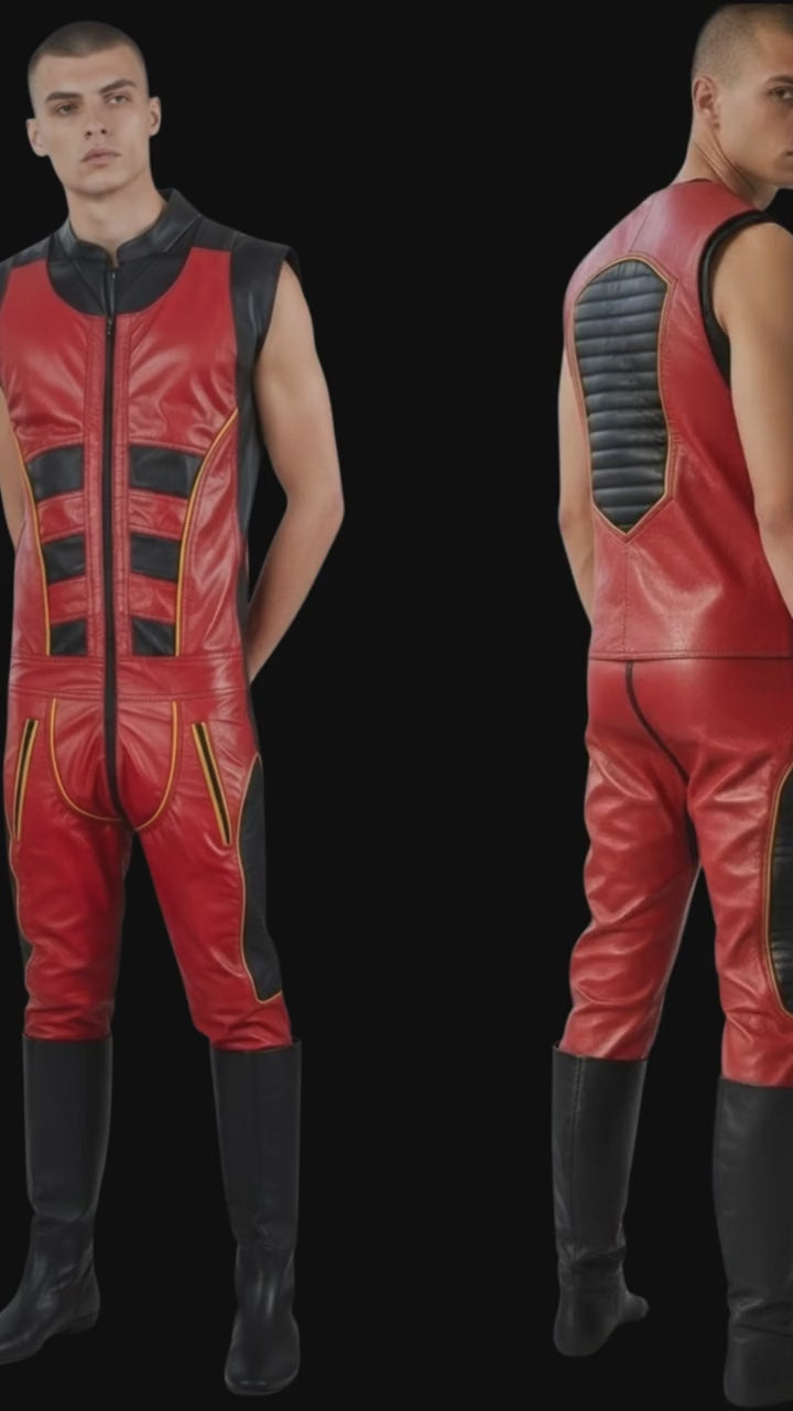 Men's Real Leather  Sleeveless  Jumpsuit  With Quilted Panels Jumpsuit