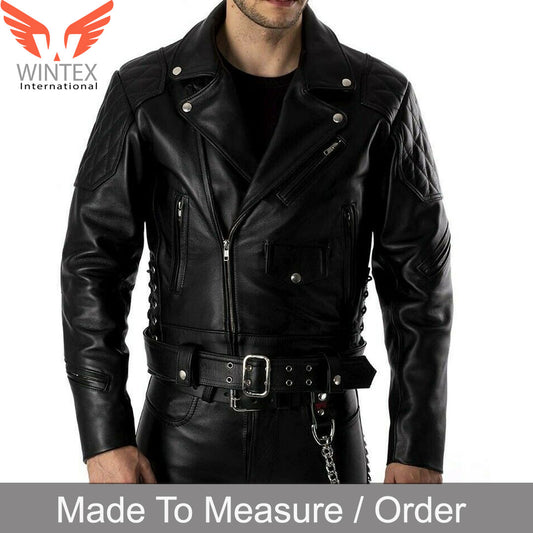 Men’s Real Cowhide Leather Bikers Jacket Quilted Panels & Side Laces Bikers/BLUF Jacket