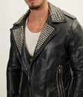 Men's Real Cowhide Leather Sliver Studded Bikers Jacket Brando Bikers Jacket