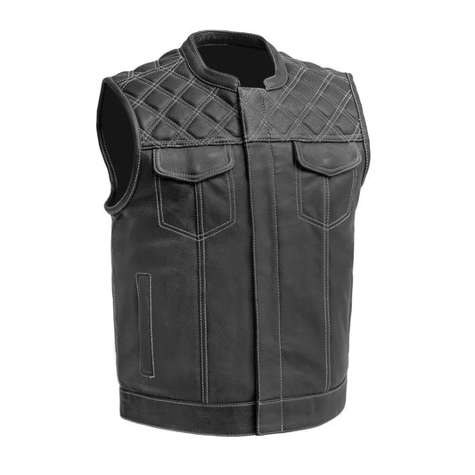 Men Real Cow Leather Bikers Vest Quilted Panels All Black Bikers Leather Vest