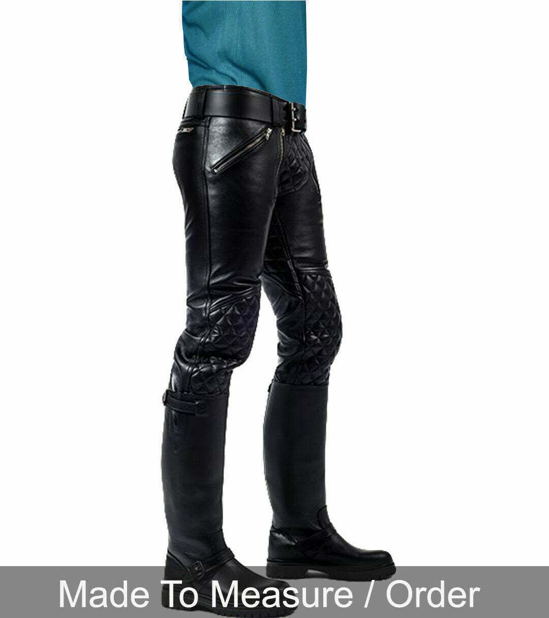 Men’s Real Cowhide Leather Quilted Panels Carpenter Pants Bikers BLUF Pants