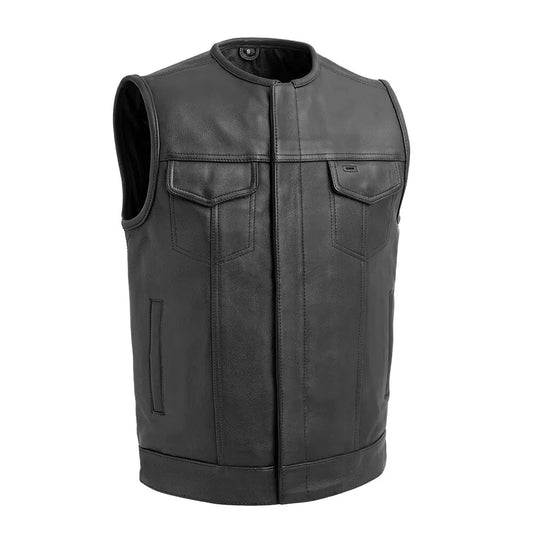 Men Real Cow Leather Bikers Vest All Black Collarless Bikers Leather Vest