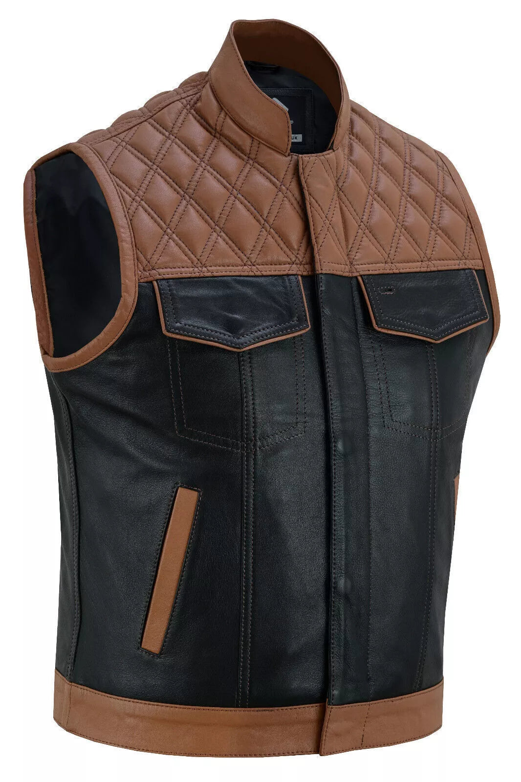 MEN'S REAL LEATHER VEST BIKERS VEST WITH QUILTED PANELS BLACK & TAN BIKERS VEST