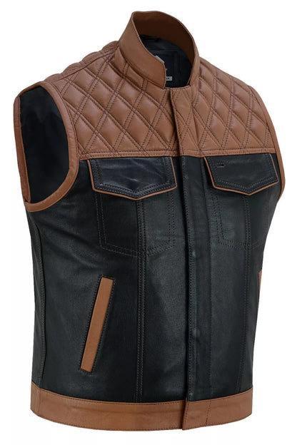 MEN'S REAL LEATHER VEST BIKERS VEST WITH QUILTED PANELS BLACK & TAN BIKERS VEST