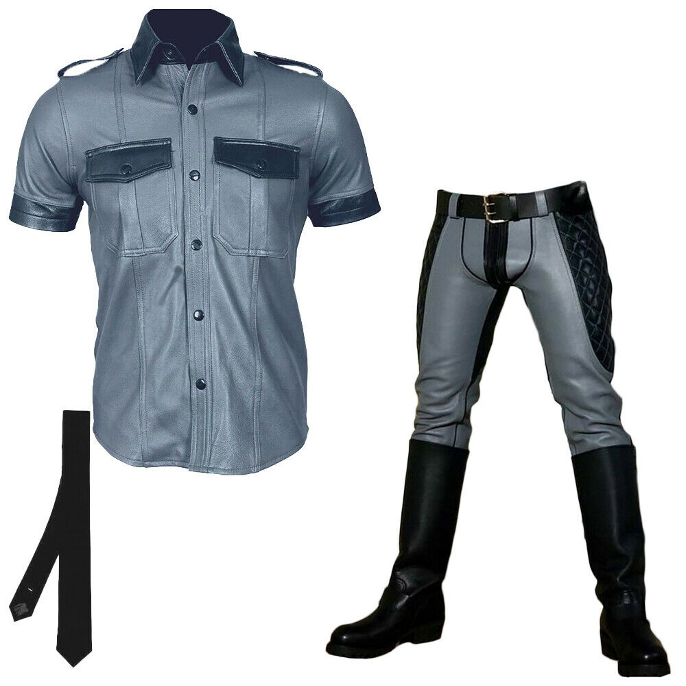 Men's Real Leather Contrast & Quilted Panels Leather Pants,Police Shirt & Tie