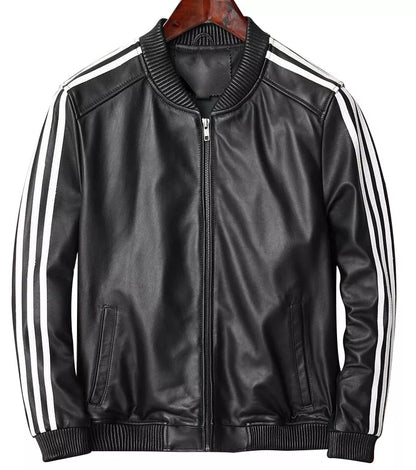 Men's Real Lamb Leather Bomber Jacket Stretchable Collar ,Cuffs & Waist & White Leather Stripes: