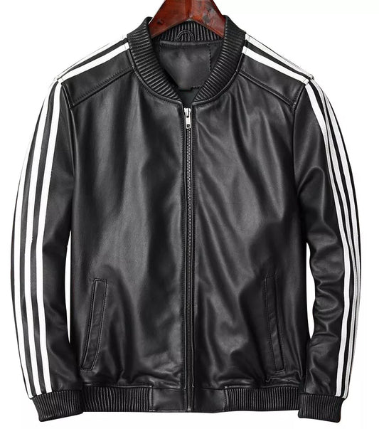 Men's Real Lamb Leather Bomber Jacket Stretchable Collar ,Cuffs & Waist & White Leather Stripes: