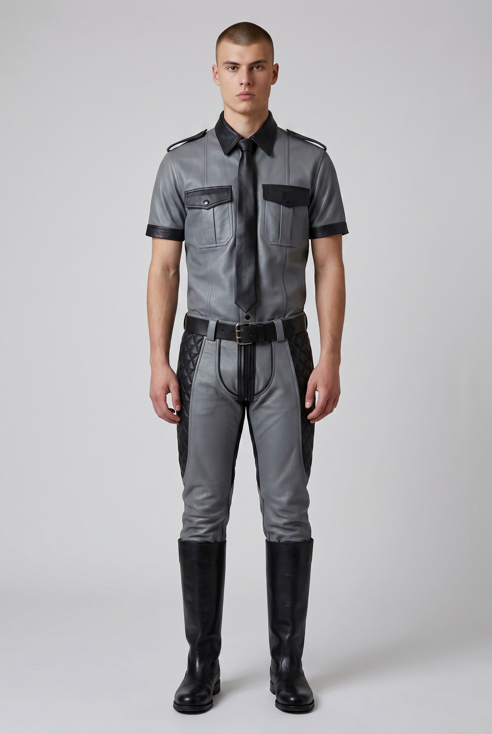 Men's Real Leather Contrast & Quilted Panels Leather Pants,Police Shirt & Tie
