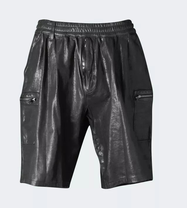Men's Lamb Leather Shorts Elasticated Waist & Zipped Pockets Shorts In 5 Colors